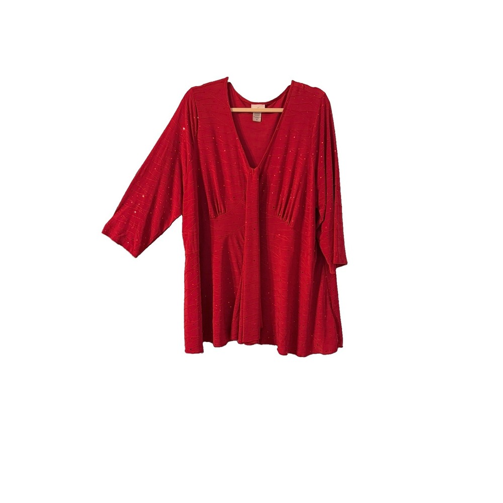 Vtg Red Embroidered Sparkle Blouse Top Size 3X Grecian Drape Tunic Event Holiday